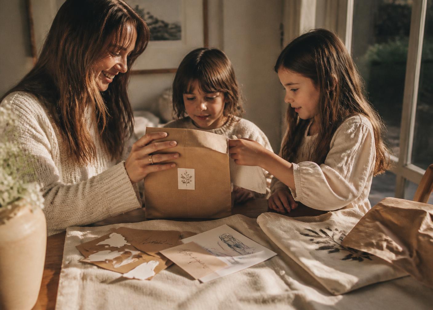 Children opening a paper invitation at a table with a grown-up nearby